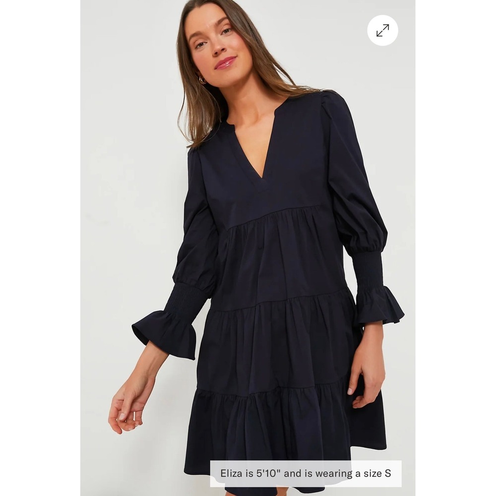 Pomander Place Navy Blue Cotton Tiered V-Neck Mini Dress Smocked Cuff XS Y20904T